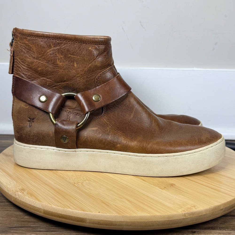 Frye Lena Harness Sneakers Womens 9 Cognac Brown Leather High Top Zip Moto Edgy